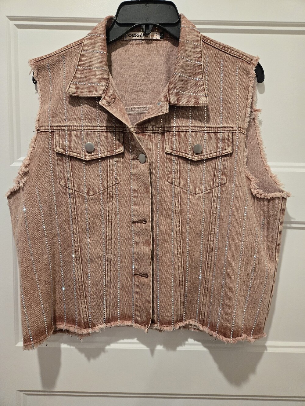 Origami Rhinestone Striped Pink Denim Vest